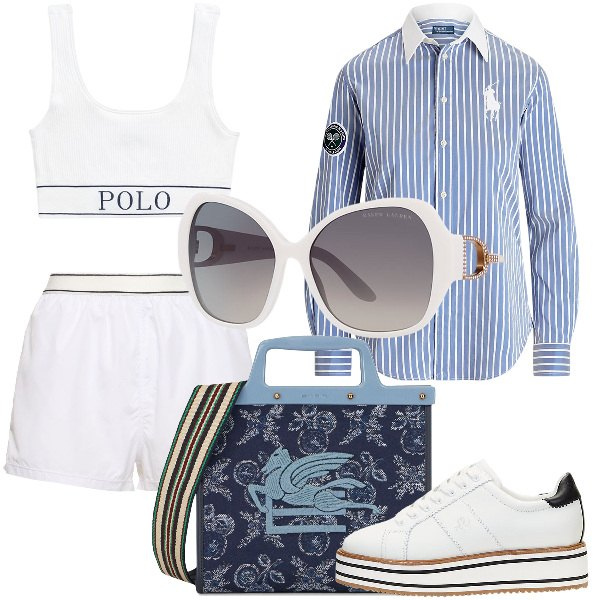 Outfit donna - Total look #1921078. Stile Sporty chic per Tutti i giorni. Abbinamento con camicie, occhiali da sole, canottiere, sneakers, shorts, shopping bag.