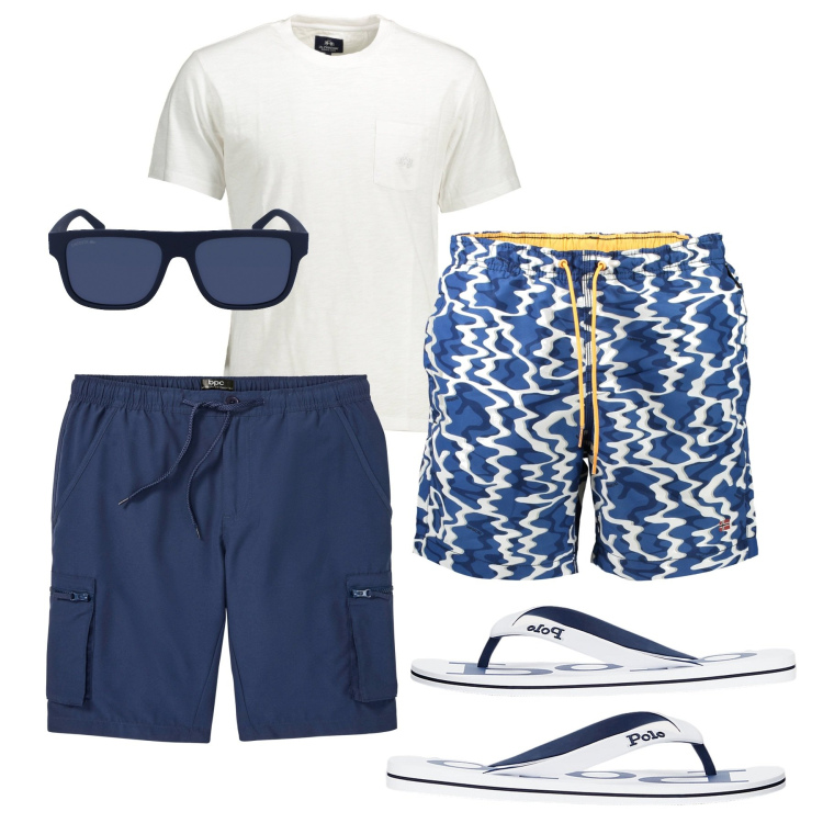Outfit uomo - Mare. Stile Casual per Mare. Abbinamento con bermuda, sandali, costumi, t-shirt, occhiali da sole.