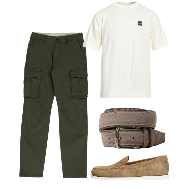 Outfit uomo - Mocassini scamosciati. Stile Urban per Tutti i giorni. Abbinamento con t-shirt, pantaloni cargo, scarpe stringate, cinture.