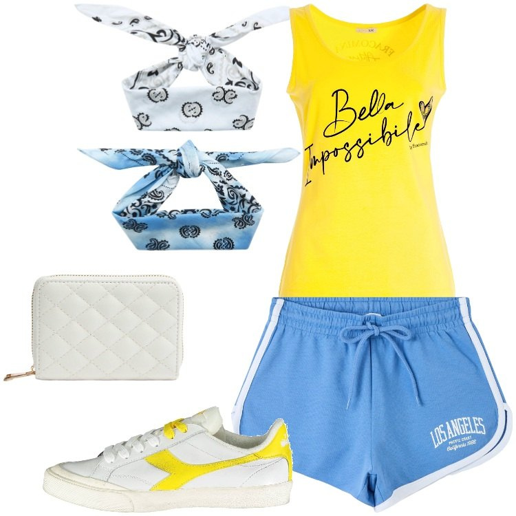 Outfit donna - Workout sul bagnasciuga. Stile Casual per Sport. Abbinamento con shorts, portafogli, fasce per capelli, canottiere, scarpe sportive.