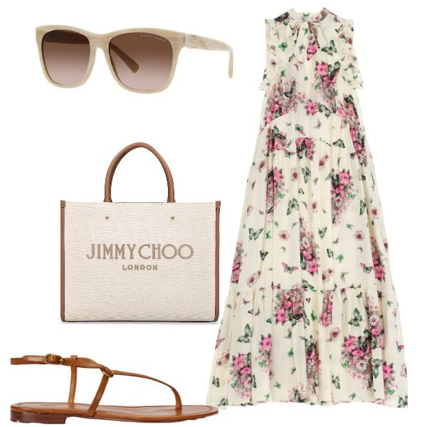 Outfit donna - La shopping per contenere tutto. Stile Romantica per Ufficio. Abbinamento con vestiti lunghi, occhiali da sole, sandali in pelle, shopping bag.