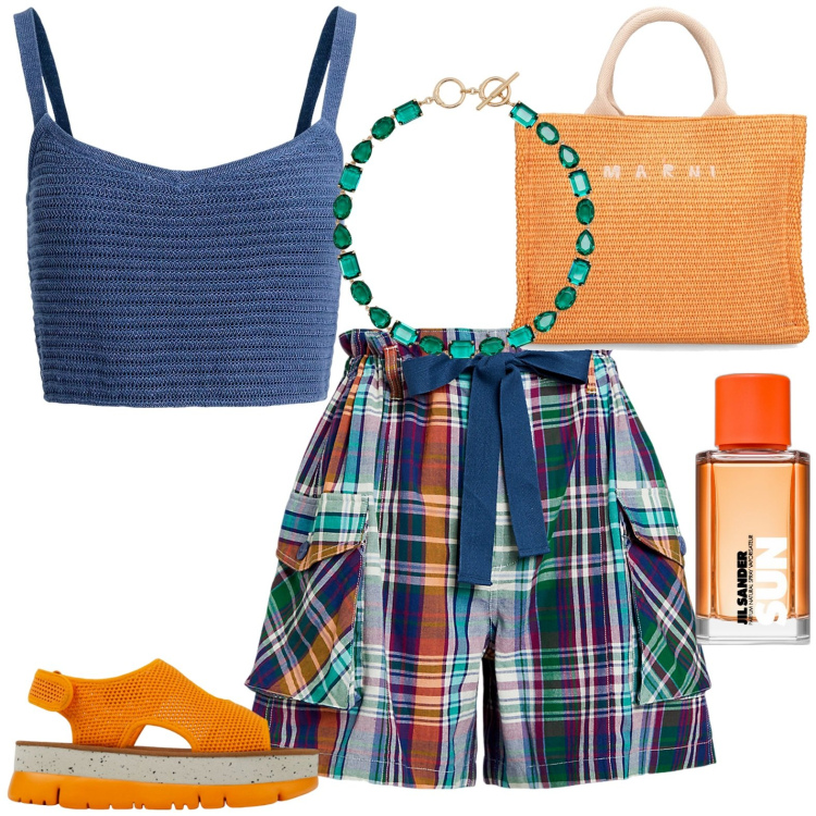 Outfit donna - Total look #1921121. Stile Casual per Tutti i giorni. Abbinamento con profumi, shorts, canottiere, collane, sandali, shopping bag.
