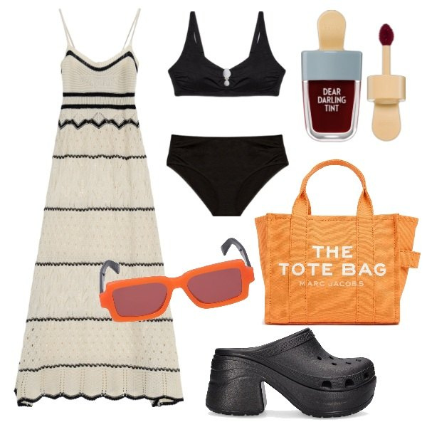 Outfit donna - Mare sopra la 50. Stile Boho per Mare. Abbinamento con rossetti, vestiti lunghi, zoccoli, bikini, occhiali da sole, borse tote.