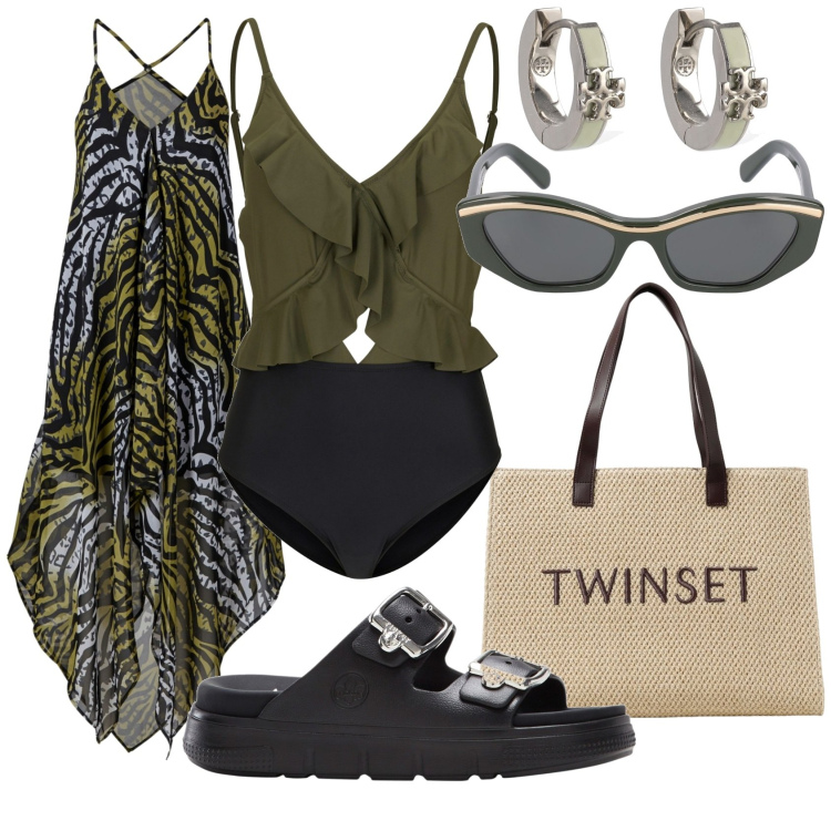 Outfit donna - Beach chic. Stile Chic per Mare. Abbinamento con costumi interi, vestiti da spiaggia, ciabatte, borse tote, occhiali da sole, orecchini.