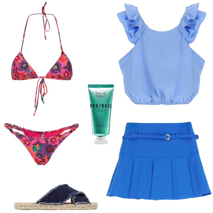Outfit donna - Full sun. Stile Trendy per Mare. Abbinamento con primer, canottiere, minigonne, bikini, sandali.