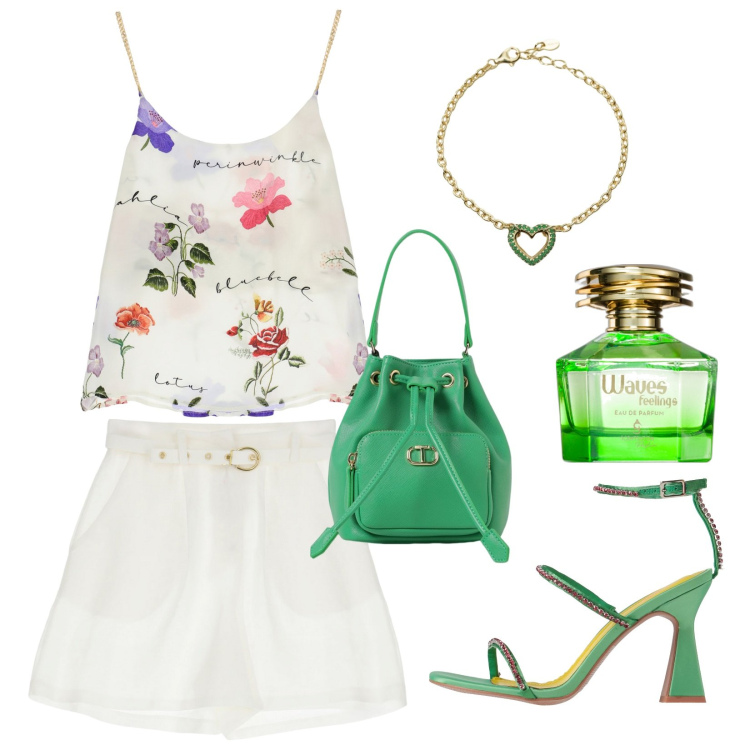 Outfit donna - Promenade!!!. Stile Romantica per Serata fuori. Abbinamento con sandali col tacco, profumi, braccialetti, canottiere, shorts, borse a secchiello.
