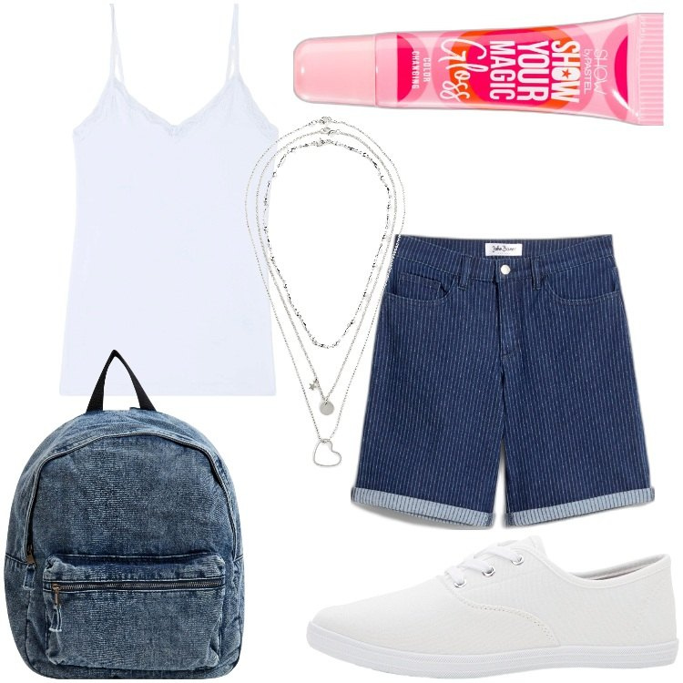 Outfit donna - Caldo non ti temo. Stile Basic per Tutti i giorni. Abbinamento con sneakers, collane, shorts, gloss, canottiere, zaini.