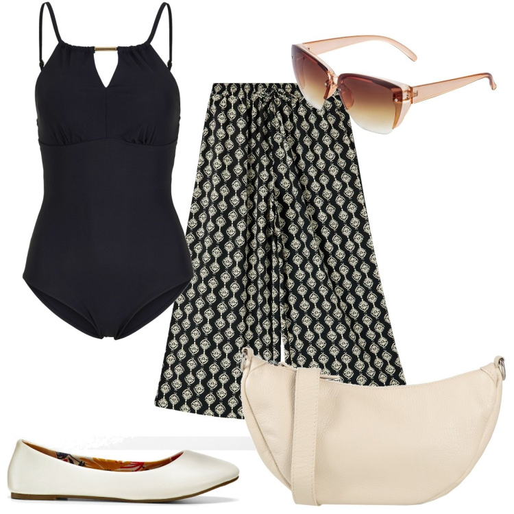Outfit donna - Total look #1921169. Stile Trendy per Mare. Abbinamento con costumi interi, ballerine, occhiali da sole, borse a tracolla, pantaloni a palazzo.