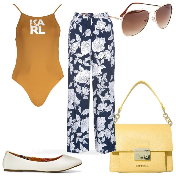 Outfit donna - Total look #1921172. Stile Trendy per Mare. Abbinamento con pantaloni a palazzo, occhiali da sole, ballerine, pochette, costumi interi.