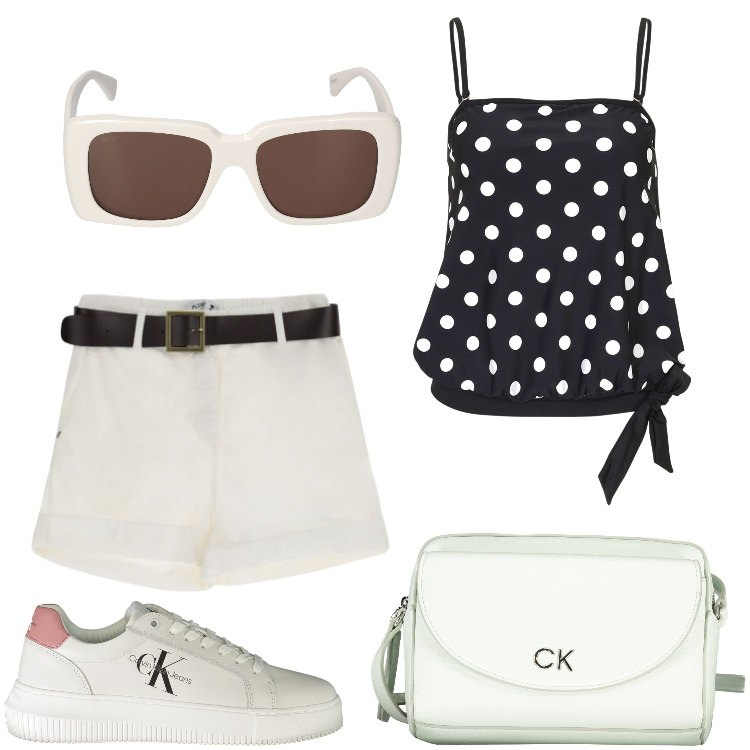 Outfit donna - Una domenica al lago. Stile Basic per Tutti i giorni. Abbinamento con top, shorts, borse a tracolla, sneakers, occhiali da sole.