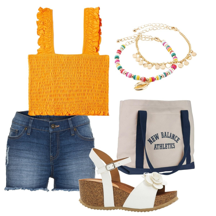 Outfit donna - Curry. Stile Casual per Tutti i giorni. Abbinamento con sandali, shorts, braccialetti con ciondoli, top, borse tote.