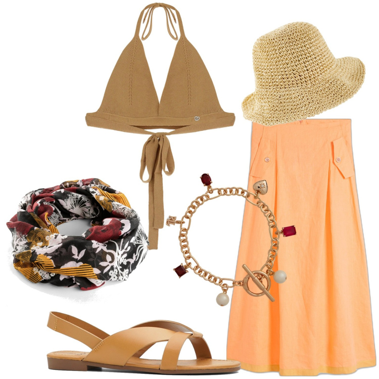 Outfit donna - Total look #1921196. Stile Casual per Tutti i giorni. Abbinamento con sandali, cappelli, gonne, foulard, top, braccialetti.