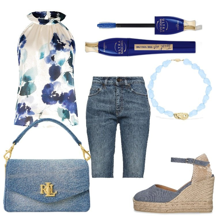 Outfit donna - Acquarello jeans. Stile Casual chic per Serata fuori. Abbinamento con shorts, mascara, top, borse a tracolla, espadrillas, collane.