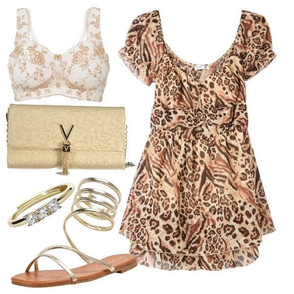 Outfit donna - Urban jungle. Stile Urban per Tutti i giorni. Abbinamento con reggiseni, tuta corta, sandali, anelli, borse a mano.