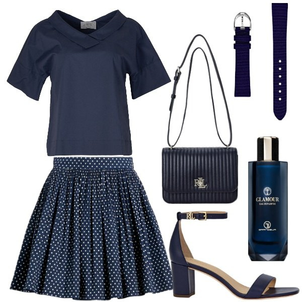 Outfit donna - Il bleu chic. Stile Bon Ton per Ufficio. Abbinamento con profumi, gonne, sandali in pelle, orologi, borse a spalla, bluse.
