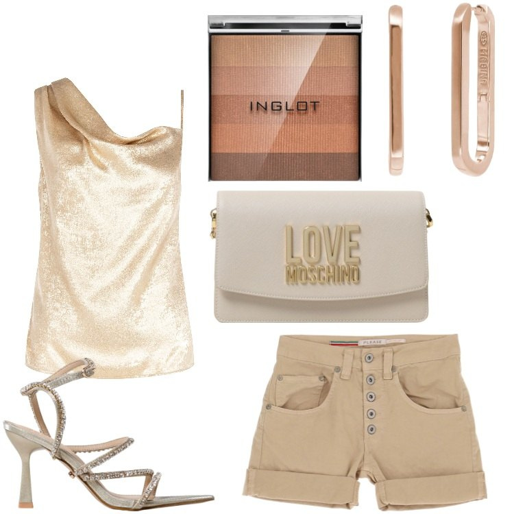 Outfit donna - Gold. Stile Casual chic per Serata fuori. Abbinamento con ciprie, orecchini, shorts, top, sandali col tacco, borse a tracolla.