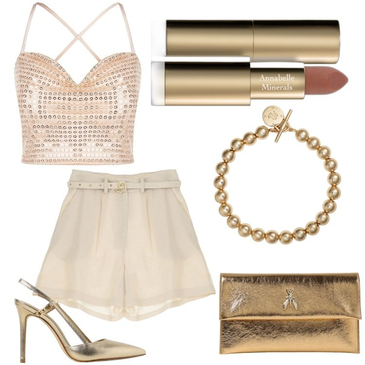 Outfit donna - Italodisco. Stile Casual chic per Serata fuori. Abbinamento con rossetti, top, shorts, braccialetti, clutch, décolleté.