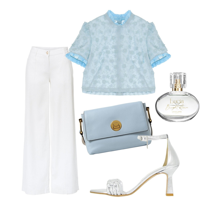 Outfit donna - Aperi Time!!!. Stile Romantica per Serata fuori. Abbinamento con pantaloni a palazzo, profumi, décolleté, camicie, borse a tracolla.
