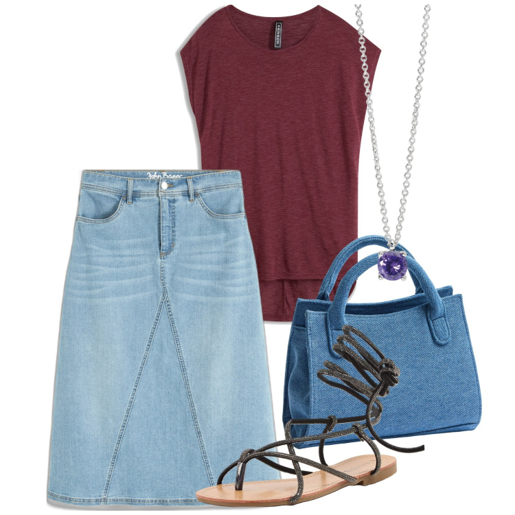 Outfit donna - Casual city. Stile Casual per Tutti i giorni. Abbinamento con gonne, maglieria, borse a tracolla, sandali alla schiava, collane.