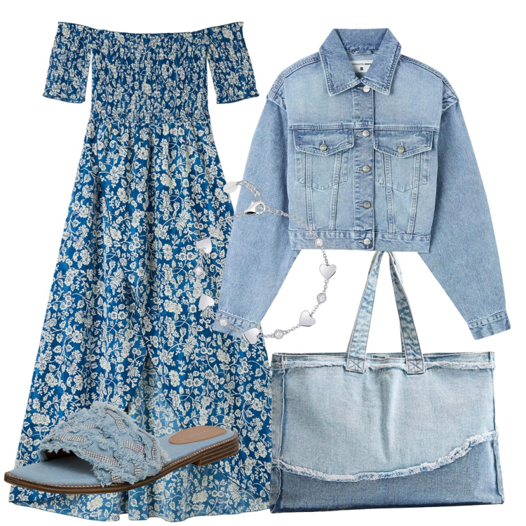 Outfit donna - Una serata al lago. Stile Casual chic per Tutti i giorni. Abbinamento con vestiti lunghi, blazer, ciabatte, shopping bag, braccialetti.