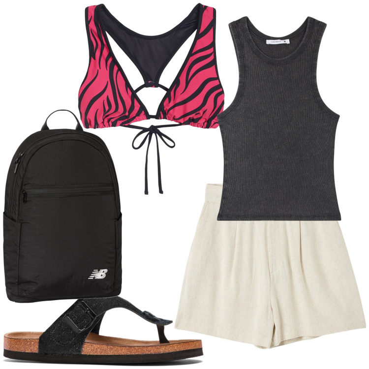 Outfit donna - Copricostume top e shorts. Stile Basic per Mare. Abbinamento con infradito, bermuda, canottiere, zaini, bikini.