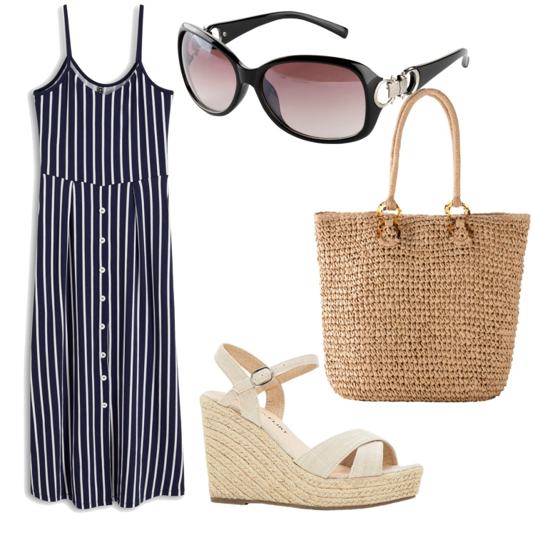 Outfit donna - In città. per Tutti i giorni. Abbinamento con vestiti midi/longuette, sandali, occhiali da sole, shopping bag.