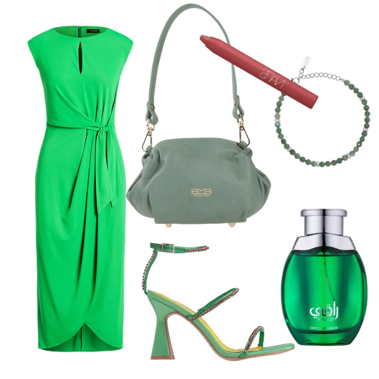 Outfit donna - Grintosa. Stile Bon Ton per Serata fuori. Abbinamento con sandali col tacco, borse a mano, matite labbra, profumi, braccialetti, vestiti.