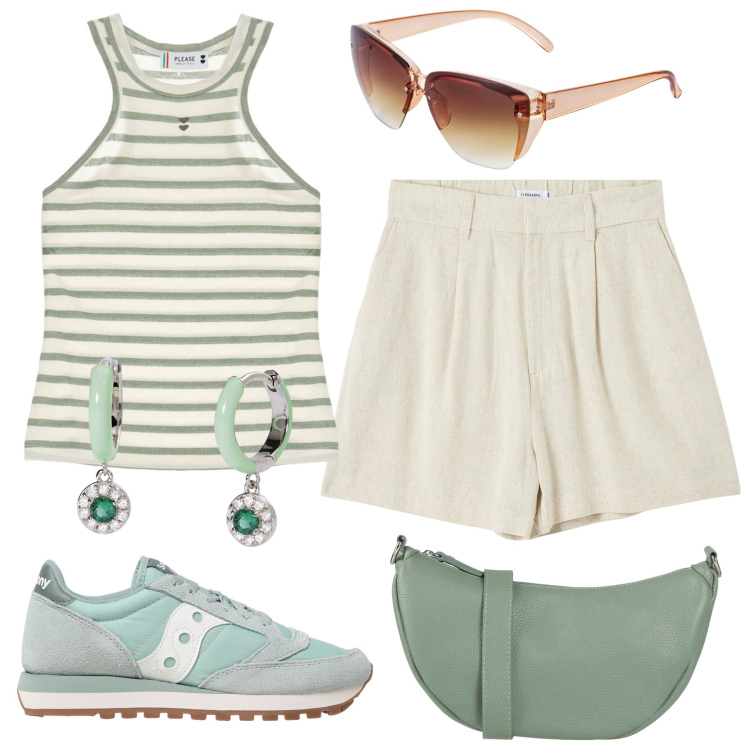Outfit donna - Panna e salvia. Stile Casual per Tutti i giorni. Abbinamento con occhiali da sole, borse a tracolla, bermuda, orecchini, top, sneakers.