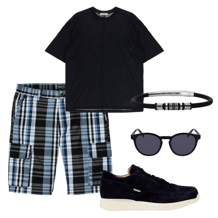 Outfit uomo - Quattro amici al bar!!!. Stile Casual per Mare. Abbinamento con bermuda, braccialetti, t-shirt, occhiali da sole, sneakers.