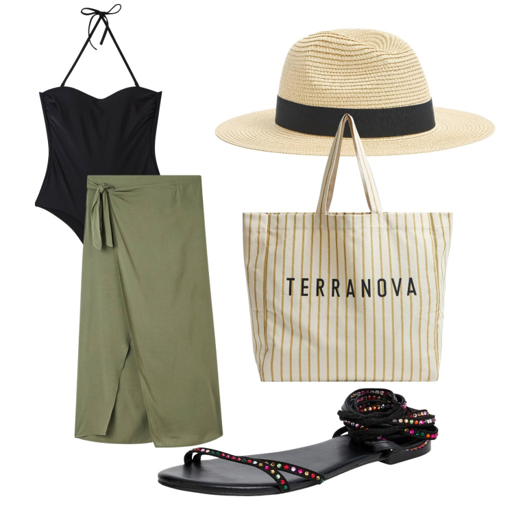 Outfit donna - Tutti al mare. per Mare. Abbinamento con cappelli, sandali alla schiava, vestiti da spiaggia, costumi interi, borse tote.