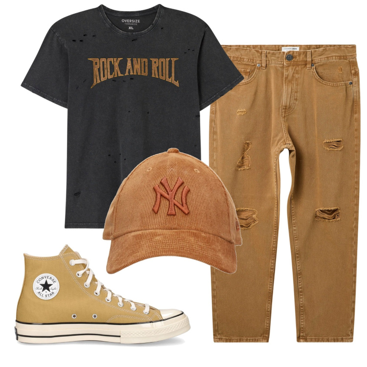 Outfit uomo - Total look #1921297. Stile Trendy per Tutti i giorni. Abbinamento con t-shirt, jeans strappati, sneakers, cappelli.