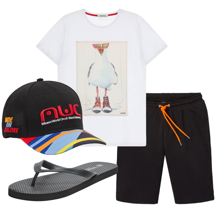 Outfit uomo - Total look #1921301. Stile Casual per Mare. Abbinamento con bermuda, cappelli, sandali, t-shirt.