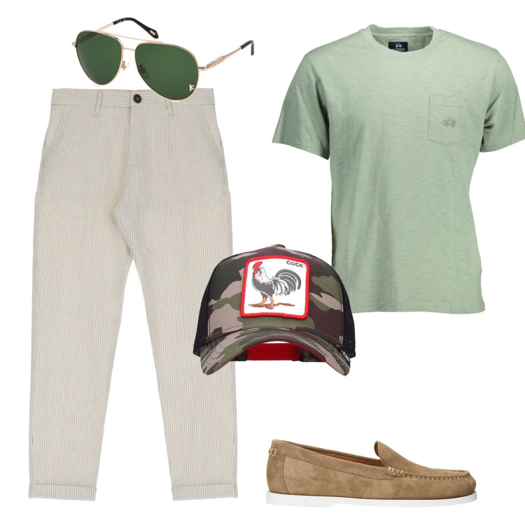 Outfit uomo - Il cappello per le giornate di sole. Stile Trendy per Tutti i giorni. Abbinamento con pantaloni, scarpe stringate, cappelli, t-shirt, occhiali da sole.