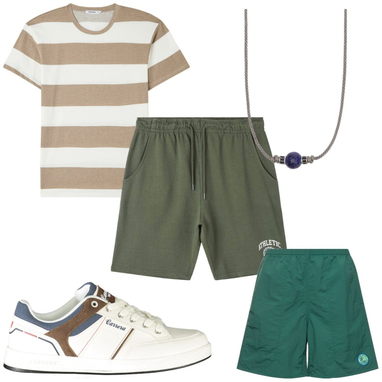 Outfit uomo - Total look #1921326. Stile Trendy per Mare. Abbinamento con t-shirt, bermuda, collane, sneakers, costumi.