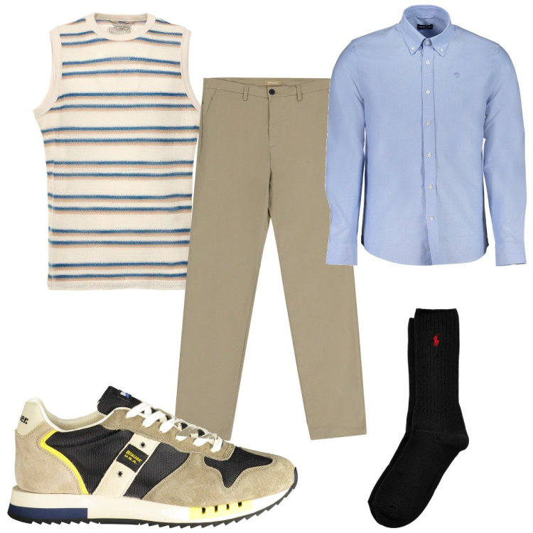 Outfit uomo - Total look #1921328. Stile Trendy per Ufficio. Abbinamento con pantaloni chino, calzini, t-shirt, sneakers, camicie.