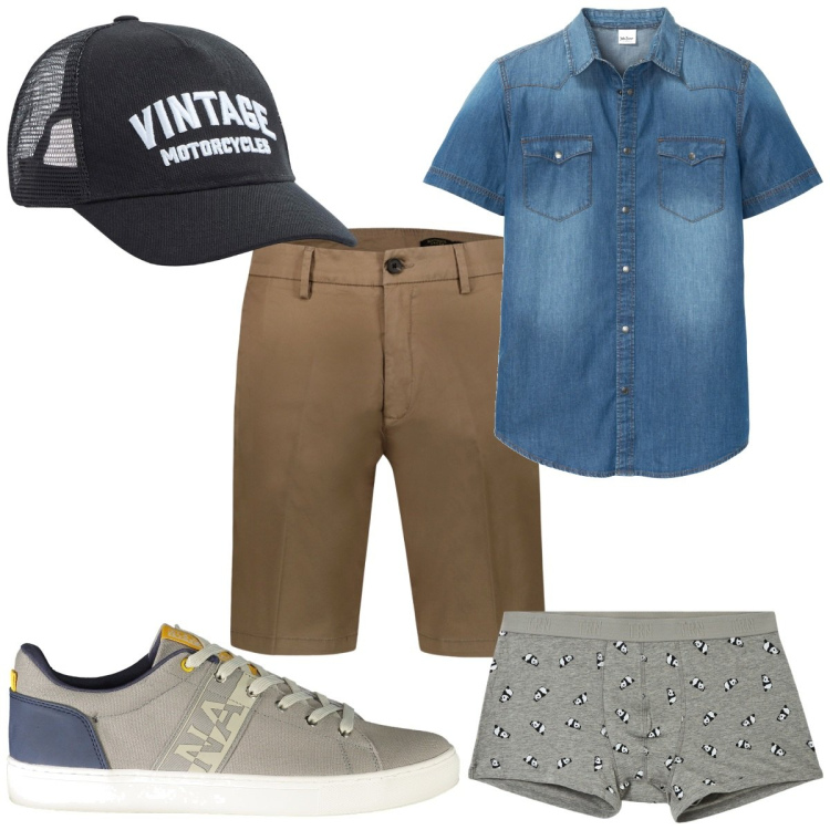 Outfit uomo - Total look #1921334. Stile Trendy per Tutti i giorni. Abbinamento con camicie a manica corta, boxer, cappelli, bermuda, sneakers.