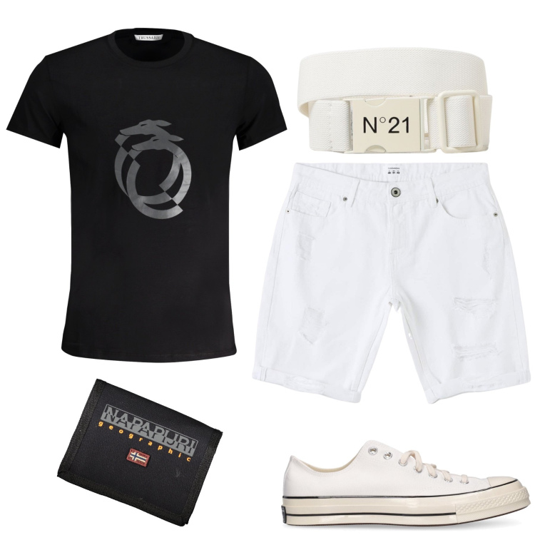 Outfit uomo - Stile. Stile Urban per Tutti i giorni. Abbinamento con bermuda, portafogli, cinture, t-shirt, sneakers.