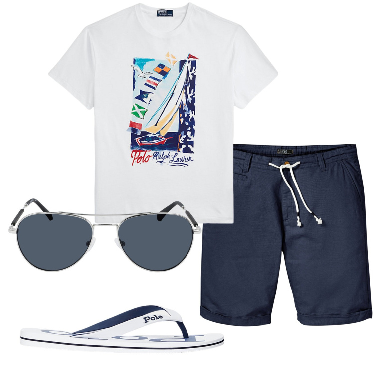 Outfit uomo - Total look #1921341. Stile Casual per Mare. Abbinamento con bermuda, sandali, t-shirt, occhiali da sole.
