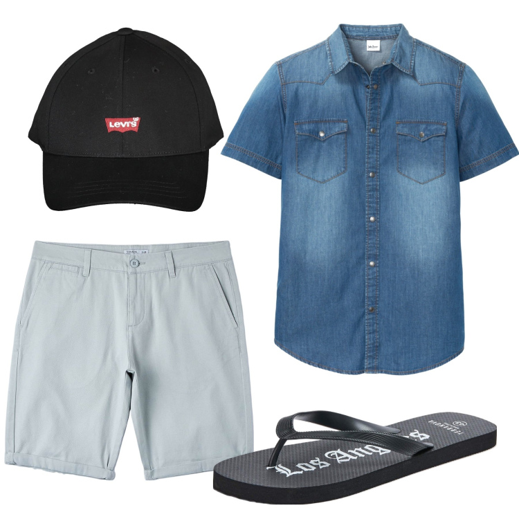 Outfit uomo - Vacanze. Stile Urban per Tutti i giorni. Abbinamento con camicie a manica corta, bermuda, sandali, cappelli con visiera.