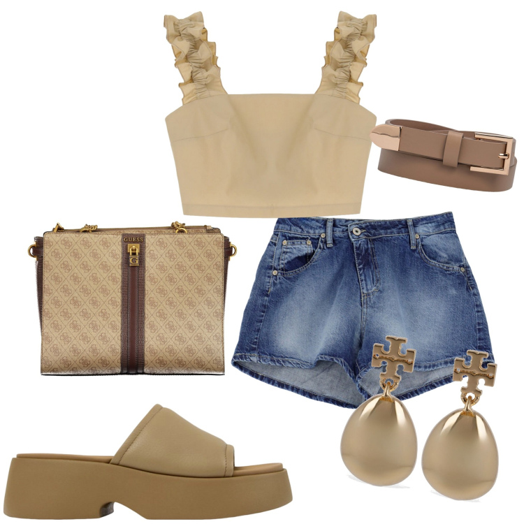 Outfit donna - Shorts+top. Stile Casual per Serata fuori. Abbinamento con top, shorts, cinture, borse a spalla, sandali in pelle, orecchini.