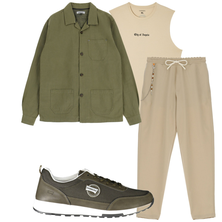Outfit uomo - In città. Stile Casual per Tutti i giorni. Abbinamento con canottiere, pantaloni, camicie, sneakers.