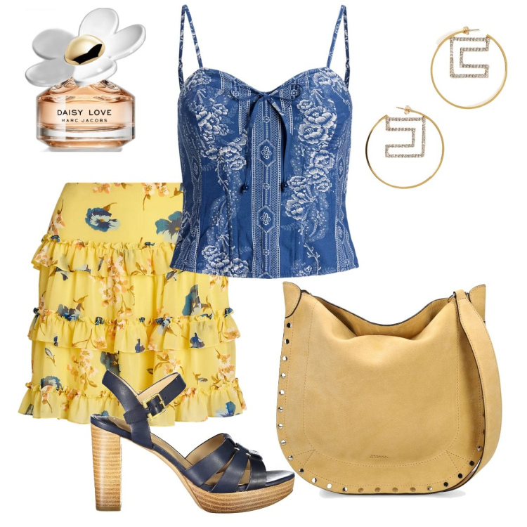 Outfit donna - Curry color. Stile Chic per Serata fuori. Abbinamento con profumi, minigonne, top, borse a spalla, orecchini, sandali col tacco.