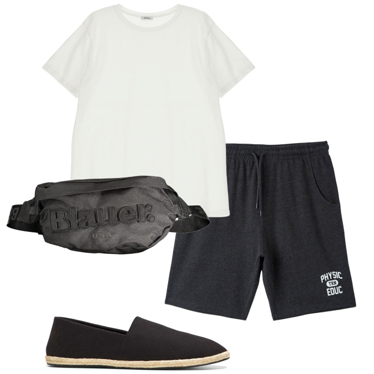 Outfit uomo - In piscina. Stile Casual per Sport. Abbinamento con espadrillas, bermuda, t-shirt, borse sportive.