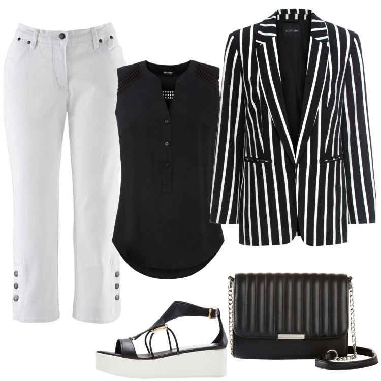 Outfit donna - Casual chic in bianco e nero. Stile Casual chic per Serata fuori. Abbinamento con jeans, blazer, sandali col tacco, top, borse a tracolla.