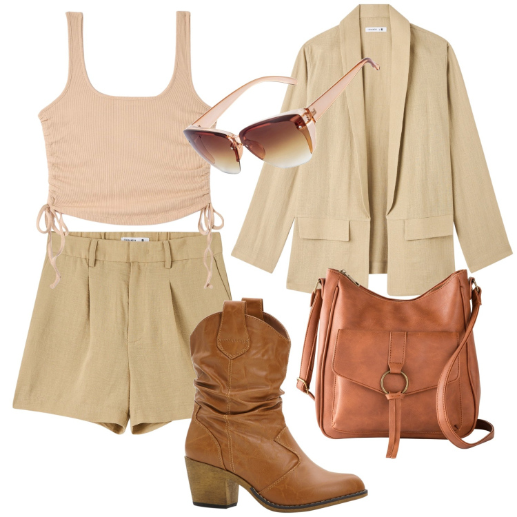 Outfit donna - Down town. Stile Trendy per Tutti i giorni. Abbinamento con stivaletti texani, borse a tracolla, occhiali da sole, bermuda, canottiere, blazer.