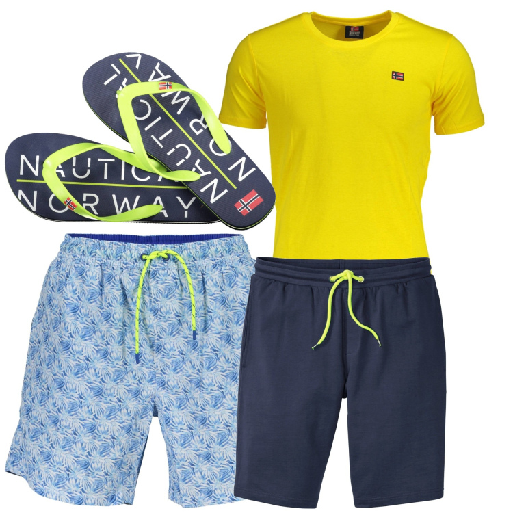 Outfit uomo - Al mare. Stile Casual per Mare. Abbinamento con bermuda, sandali, costumi, t-shirt.