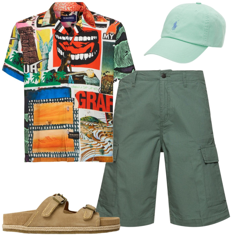 Outfit uomo - Total look #1921425. Stile Urban per Tutti i giorni. Abbinamento con cappelli, sandali, camicie, shorts.