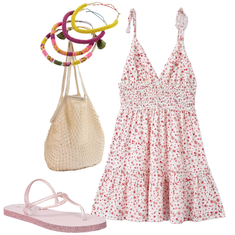 Outfit donna - Al mare. Stile Romantica per Mare. Abbinamento con braccialetti, sandali, borse a spalla, vestiti corti.