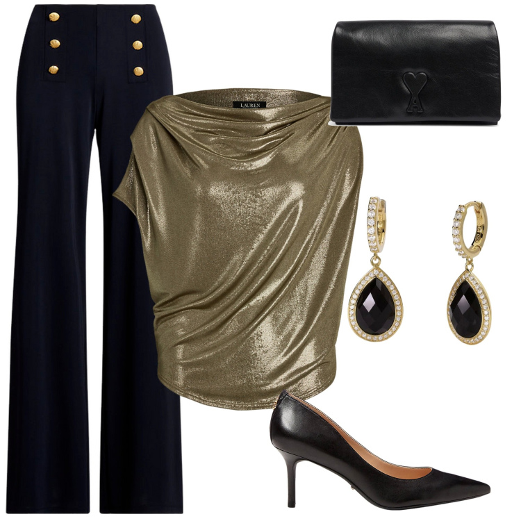 Outfit donna - Total look #1921438. Stile Glamour per Serata fuori. Abbinamento con orecchini, décolleté, top, pantaloni, pochette.