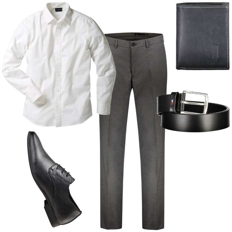 Outfit uomo - Classico in ufficio. Stile Business/Elegante per Ufficio. Abbinamento con camicie, scarpe stringate, pantaloni, portafogli, cinture.